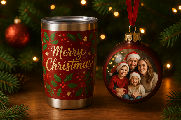 Kerst met een tumbler en een kerstbal met foto